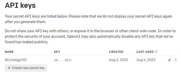 Screenshot of OpenAI API Keys