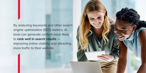 By analyzing keywords and other search engine optimization (SEO) metrics, AI tools can generate content more likely to rank well in search results - improving online visibility and attracting more traffic to their website.