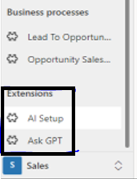 Screenshot of Dynamics sidebar showing Extensions for AI Setup and Ask GPT