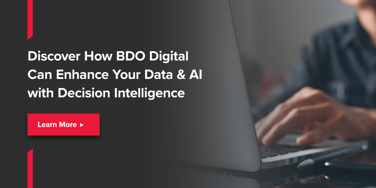 Discover how BDO Digital can enhance your data & AI with Decision Intelligence. Person typing on laptop.